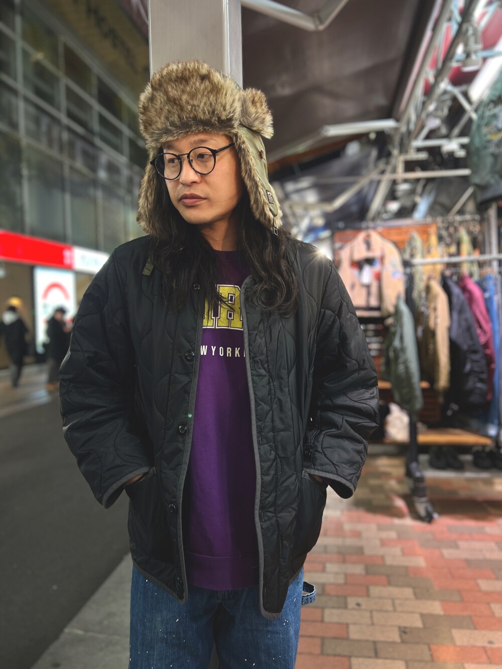 「フライトキャップ、ミリタリー、ミリタリージャケット、アメカジ、AVIREX、ライナーコート」｜「AVIREXのFLIGHT CAP / フライトキャップ / AVIREX / アヴィレックス（キャップ、グリーン系）」を使った、Ryousukeさん（メンズ・173cm）の冬コーディネートの1枚目の写真