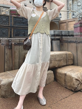 「archives（アルシーヴ）のかぎ針ライクキャミ×シアーワンピースset（ワンピース、ベージュ系）」を使った、ジェイさん（レディース・160cm）の夏コーディネート