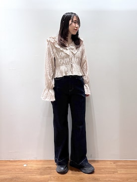 「FREE'S MART（フリーズマート）の◇【低身長サイズ/Sシリーズ】ベーシックワイドデニム（デニムパンツ、ブルー系）」を使った、yuukaさん（レディース・156cm）の春コーディネート