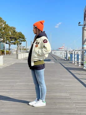 「刺繍」｜「アイテム（ミリタリージャケット）」を使った、ひさん（レディース・152cm）の冬コーディネート