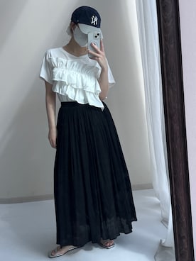 「nissen（ニッセン）のアシンメトリーフリルデザイントップス（Tシャツ/カットソー、ホワイト系）」を使った、nさん（レディース・157cm）の春コーディネート