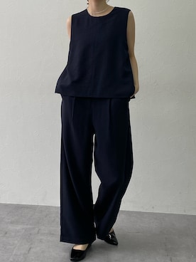 「7days Life Styling（セブンデイズライフスタイリング）の麻調合繊サロペットパンツ（しわになりにくい・接触冷感・UVカット・ウォッシャブル）（サロペット/オーバーオール、ブルー系）」を使った、nさん（レディース・157cm）の春コーディネート