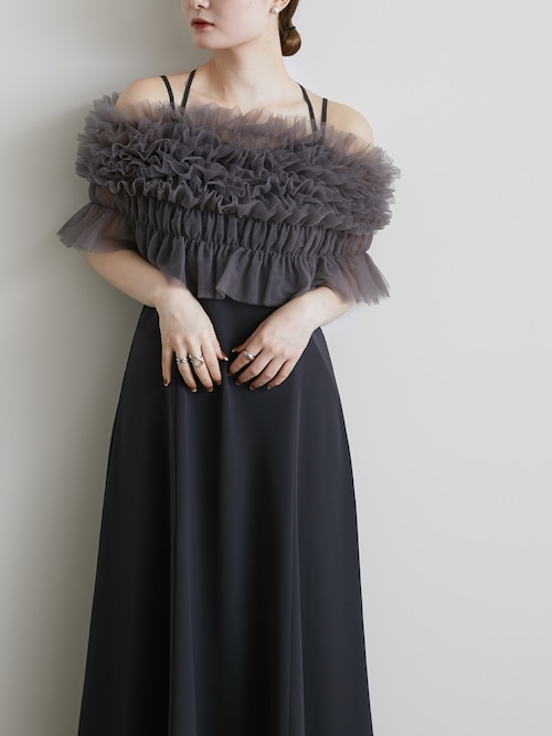 結婚式/オフィス★CHICLINE★シャーリングベルトドレス ガール GIRL シフォンシャーリングハイネックフレアロング丈結婚