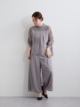 「nissen（ニッセン）の【結婚式・パーティードレス】レース切替ブラウス＋レースワイドパンツセット＜大きいサイズ＞（フォーマルスーツ/小物、グレー系）」を使った、nさん（レディース・157cm）の秋コーディネート