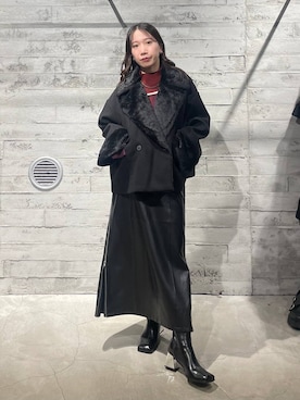 「HARE（ハレ）のウーリーテックフェイクファーショートコート(HARE)（ピーコート）」を使った、REIAさん（レディース・153cm）の冬コーディネート