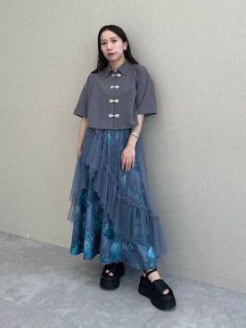 「HARE（ハレ）のメタルパーツチャイナシャツ(HARE)（シャツ/ブラウス、グレー系）」を使った、REIAさん（レディース・153cm）の春コーディネート