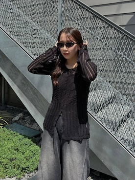 「HARE（ハレ）のスカシアミカイキンシャツカーディガン(HARE)（カーディガン/ボレロ、ブラック系）」を使った、REIAさん（レディース・153cm）の春コーディネート