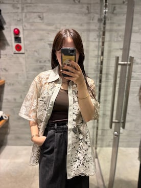 「HARE（ハレ）のVINTAGEレースシャツ(HARE)（シャツ/ブラウス、ホワイト系）」を使った、REIAさん（レディース・153cm）の夏コーディネート