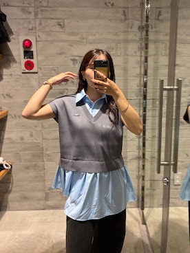「HARE（ハレ）のシャツドッキングニットベスト(HARE)（ポロシャツ、ブルー系）」を使った、REIAさん（レディース・153cm）の夏コーディネート