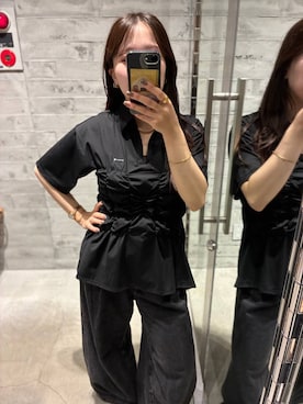 「HARE（ハレ）のギャザースキッパーカット(HARE)（ポロシャツ、ブラック系）」を使った、REIAさん（レディース・153cm）の夏コーディネート