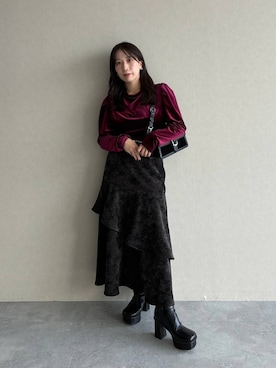 「HARE（ハレ）のガラソールチャンキーブーツ(HARE)（ブーツ、ブラック系）」を使った、REIAさん（レディース・153cm）の秋コーディネート