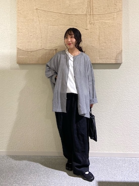 「かぐれ（カグレ）のリネンボリュームパンツ（その他パンツ、ブラック系）」を使った、たなか☀︎さん（レディース・145cm）の夏コーディネート