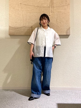 「かぐれ（カグレ）のジャムダニオープンカラーシャツ（シャツ/ブラウス、ホワイト系）」を使った、たなか☀︎さん（レディース・145cm）の春コーディネート