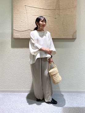 「かぐれ（カグレ）のリネンコットンフレアプルオーバー（シャツ/ブラウス、ホワイト系）」を使った、たなか☀︎さん（レディース・145cm）の夏コーディネート