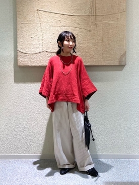 「かぐれ（カグレ）のリネンコットンフレアプルオーバー（シャツ/ブラウス、レッド系）」を使った、たなか☀︎さん（レディース・145cm）の夏コーディネート
