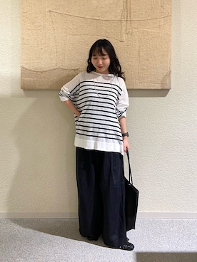 「かぐれ（カグレ）のシアーコットンボーダーボートネック（ニット/セーター、ホワイト系）」を使った、たなか☀︎さん（レディース・145cm）の夏コーディネート
