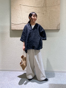 「かぐれ（カグレ）のリネンスキッパーシャツ（シャツ/ブラウス、ブラック系）」を使った、たなか☀︎さん（レディース・145cm）の夏コーディネート