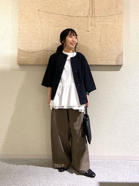 「かぐれ（カグレ）のノーカラーハーフスリーブジャケット（ノーカラージャケット、ブラック系）」を使った、たなか☀︎さん（レディース・145cm）の夏コーディネート