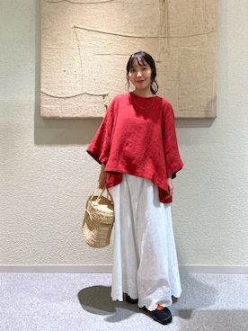 「かぐれ（カグレ）のリネンコットンフレアプルオーバー（シャツ/ブラウス、レッド系）」を使った、たなか☀︎さん（レディース・145cm）の夏コーディネート