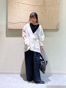 「かぐれ（カグレ）のシアーカシュクールカーデシャツ（シャツ/ブラウス、ベージュ系）」を使った、たなか☀︎さん（レディース・145cm）の夏コーディネート