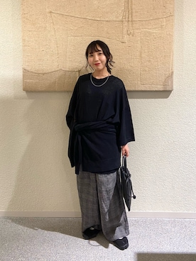「かぐれ（カグレ）のリネン半袖クルーネックニット（ニット/セーター、ブラック系）」を使った、たなか☀︎さん（レディース・145cm）の夏コーディネート