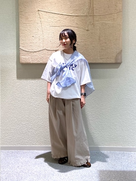 「かぐれ（カグレ）の『別注』HARi×かぐれ　FUNKY CHIC T-SHIRTS（Tシャツ/カットソー、ホワイト系）」を使った、たなか☀︎さん（レディース・145cm）の夏コーディネート