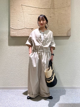 「かぐれ（カグレ）の『2サイズ展開』ワイドオールインワン（つなぎ/オールインワン、ベージュ系）」を使った、たなか☀︎さん（レディース・145cm）の夏コーディネート