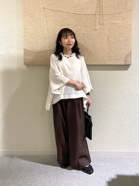 「かぐれ（カグレ）のリネンコットンフレアプルオーバー（シャツ/ブラウス、ホワイト系）」を使った、たなか☀︎さん（レディース・145cm）の夏コーディネート