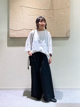 「かぐれ（カグレ）のリネンクルーネック半袖シャツ（シャツ/ブラウス、ホワイト系）」を使った、たなか☀︎さん（レディース・145cm）の夏コーディネート