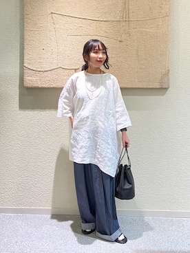 「かぐれ（カグレ）のリネンワイドプルオーバーシャツ（シャツ/ブラウス、ホワイト系）」を使った、たなか☀︎さん（レディース・145cm）の夏コーディネート