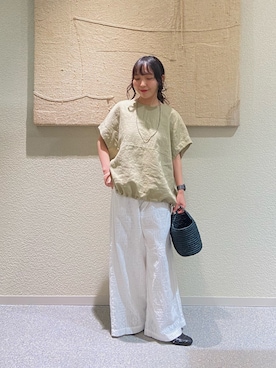「かぐれ（カグレ）のコットンクロス刺しゅうワイドパンツ（その他パンツ、ホワイト系）」を使った、たなか☀︎さん（レディース・145cm）の夏コーディネート