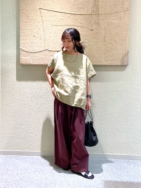 「かぐれ（カグレ）のリネンサークルプルオーバー（シャツ/ブラウス、ベージュ系）」を使った、たなか☀︎さん（レディース・145cm）の夏コーディネート