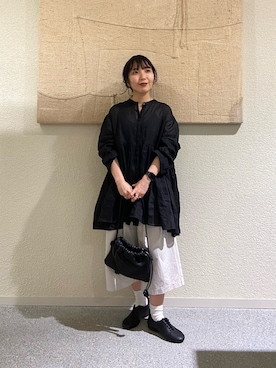 「かぐれ（カグレ）のMORMYRUS　巾着ショルダーバッグ（ショルダーバッグ、ブラック系）」を使った、たなか☀︎さん（レディース・145cm）の春コーディネート