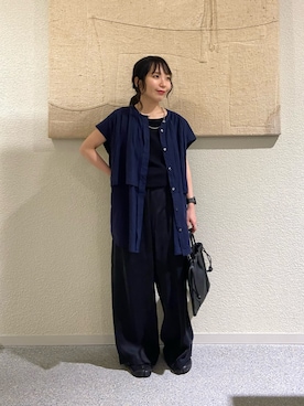 「かぐれ（カグレ）のワイドギャザーダブルブラウス（シャツ/ブラウス、ブルー系）」を使った、たなか☀︎さん（レディース・145cm）の夏コーディネート