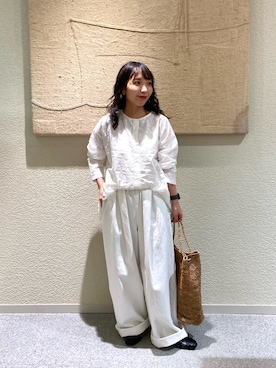 「かぐれ（カグレ）のコットンエンブロイダリーAラインシャツ（シャツ/ブラウス、ホワイト系）」を使った、たなか☀︎さん（レディース・145cm）の夏コーディネート