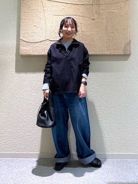 「かぐれ（カグレ）のハーフボタンプルオーバー（Tシャツ/カットソー、ブラック系）」を使った、たなか☀︎さん（レディース・145cm）の春コーディネート