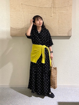 「かぐれ（カグレ）の『2サイズ展開』レーヨンモノトーンプリントワンピース（ワンピース、ブラック系）」を使った、たなか☀︎さん（レディース・145cm）の夏コーディネート