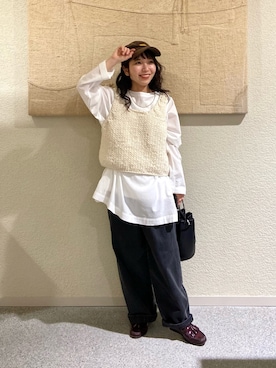 「かぐれ（カグレ）のペルーローゲージショートニットベスト（ベスト、ホワイト系）」を使った、たなか☀︎さん（レディース・145cm）の秋コーディネート