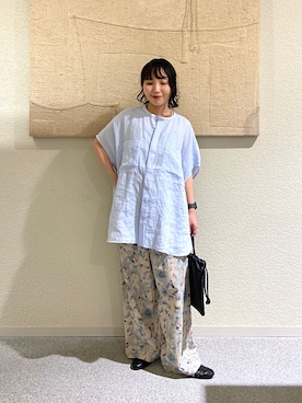 「かぐれ（カグレ）のリネンWポケットフレンチシャツ（シャツ/ブラウス、ブルー系）」を使った、たなか☀︎さん（レディース・145cm）の夏コーディネート