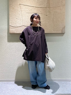 「かぐれ（カグレ）のコットンラミーワイドプルオーバー（シャツ/ブラウス、ブラック系）」を使った、たなか☀︎さん（レディース・145cm）の夏コーディネート