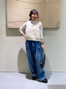 「かぐれ（カグレ）のペルーローゲージショートニットベスト（ベスト、ホワイト系）」を使った、たなか☀︎さん（レディース・145cm）の秋コーディネート