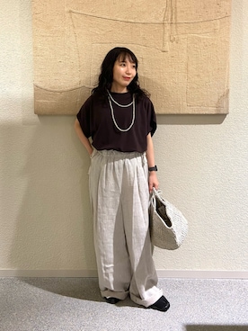 「かぐれ（カグレ）のフレンチスリーブカットソー（Tシャツ/カットソー、ブラウン系）」を使った、たなか☀︎さん（レディース・145cm）の夏コーディネート