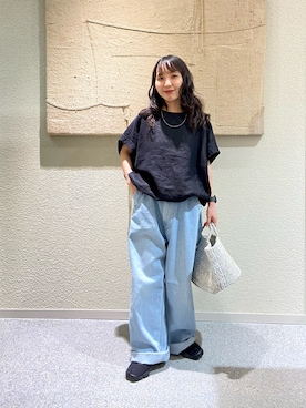 「かぐれ（カグレ）のリネンサークルプルオーバー（シャツ/ブラウス、ブラック系）」を使った、たなか☀︎さん（レディース・145cm）の夏コーディネート