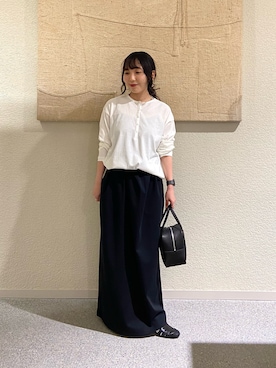 「かぐれ（カグレ）のヘンリーネックコットンカットソー（Tシャツ/カットソー、ホワイト系）」を使った、たなか☀︎さん（レディース・145cm）の夏コーディネート