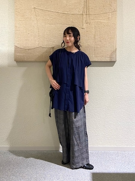 「かぐれ（カグレ）のワイドギャザーダブルブラウス（シャツ/ブラウス、ブルー系）」を使った、たなか☀︎さん（レディース・145cm）の夏コーディネート