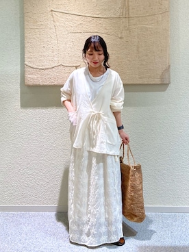 「かぐれ（カグレ）のシアーカシュクールカーデシャツ（シャツ/ブラウス、ベージュ系）」を使った、たなか☀︎さん（レディース・145cm）の夏コーディネート