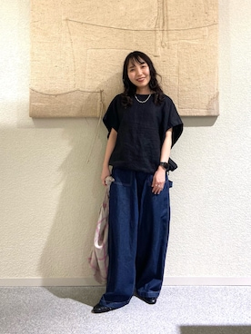「かぐれ（カグレ）のコットンリネンデニムペインターパンツ（デニムパンツ、ブルー系）」を使った、たなか☀︎さん（レディース・145cm）の春コーディネート