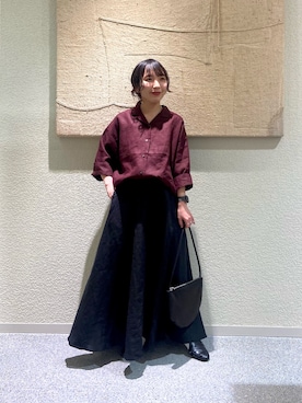 「かぐれ（カグレ）のリネン半袖オープンカラーシャツ（シャツ/ブラウス、ブラウン系）」を使った、たなか☀︎さん（レディース・145cm）の春コーディネート
