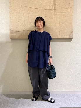 「かぐれ（カグレ）のワイドギャザーダブルブラウス（シャツ/ブラウス、ブルー系）」を使った、たなか☀︎さん（レディース・145cm）の夏コーディネート
