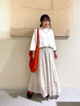 「かぐれ（カグレ）のワイド6分袖プルオーバー（Tシャツ/カットソー、ホワイト系）」を使った、たなか☀︎さん（レディース・145cm）の夏コーディネート